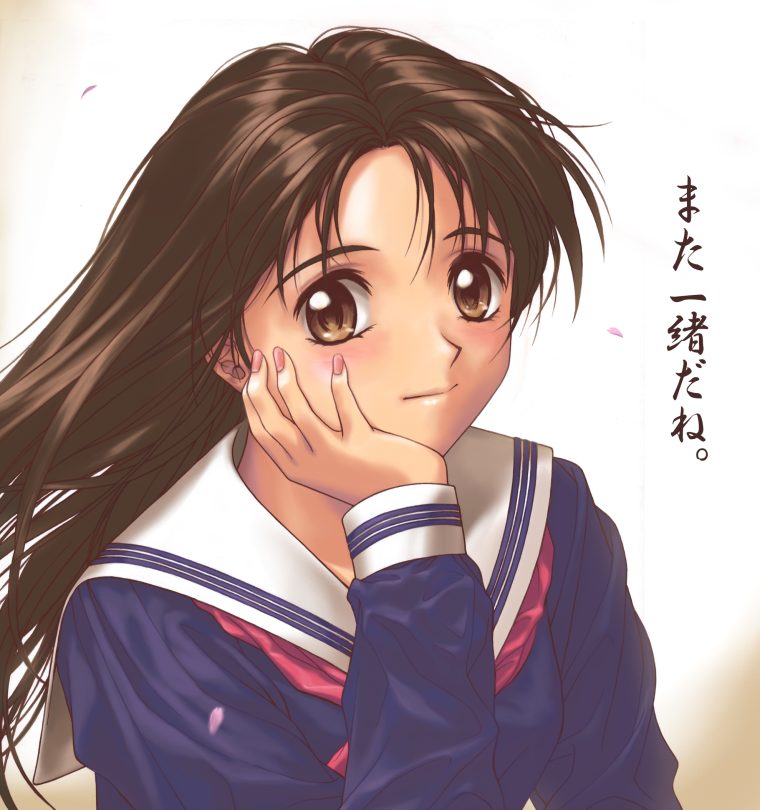 1girl, brown_eyes, chin_rest, long_hair, nail_polish, school_uniform, serafuku, solo, translated, wind, yumenosuke