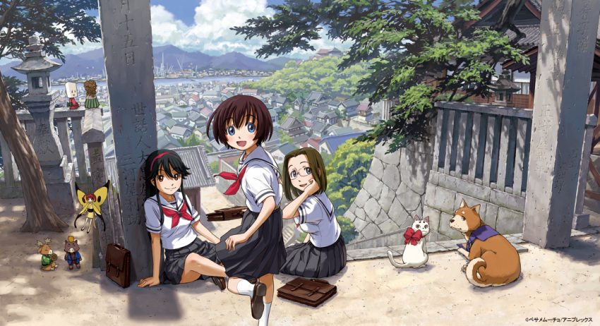 3girls, black_hair, blue_eyes, brown_eyes, brown_hair, cat, dog, hitotsubashi_tama