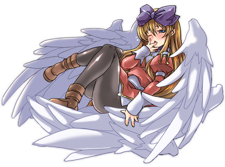 1girl, ;o, ankle_boots, aruma_(shinrabanshou), black_legwear, blonde_hair, blue_eyes, blush