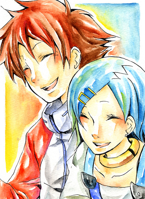1boy, 1girl, :d, blue_hair, blush, closed_eyes, collarbone, eureka