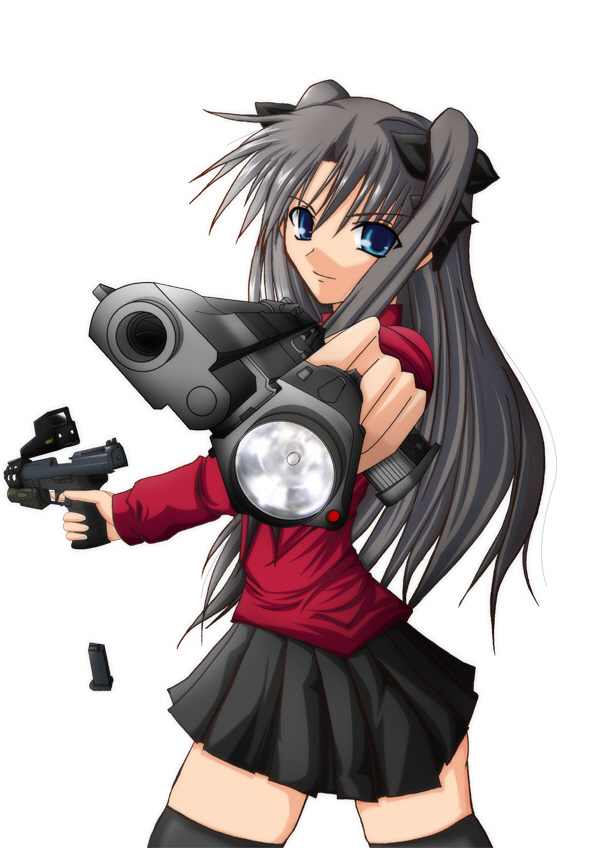 1girl, beretta_92, black_hair, blue_eyes, desert_eagle, dual_wielding, fate/stay_night, fate_(series)