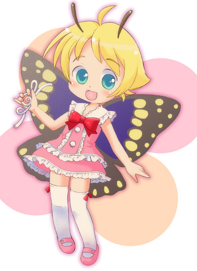 1girl, antennae, blonde_hair, butterfly, crossdressinging, fairy, hatomugi_(mamotan), mary_janes