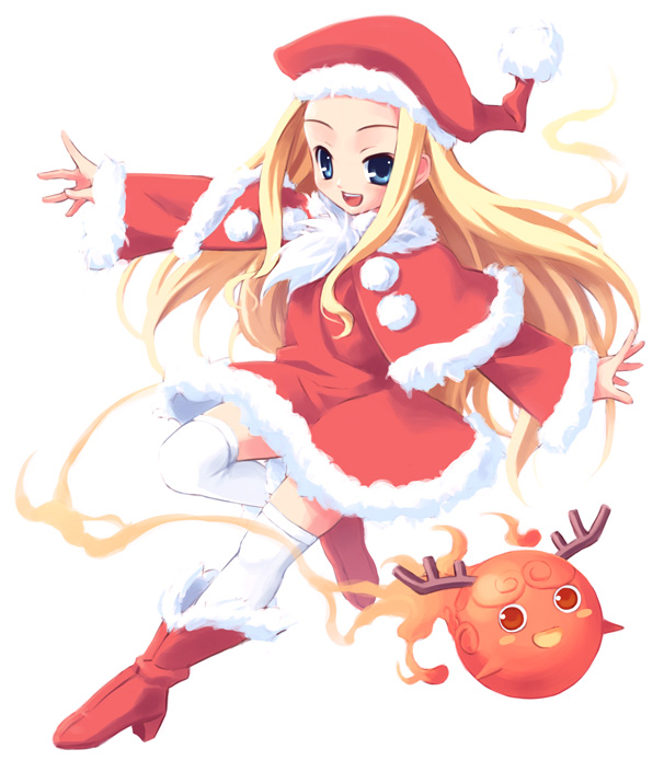 1girl, antlers, belfraw, belfraw_martini, blonde_hair, blue_eyes, boots, christmas