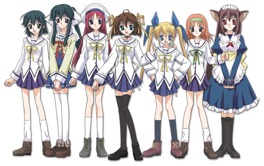6+girls, amakase_miharu, animal_ears, apron, asakura_nemu, black_hair, blonde_hair, boots