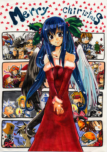 6+boys, 6+girls, anji_mito, arc_system_works, asymmetrical_wings, axl_low, bag, baiken, bell, blonde_hair, blue_eyes, blue_hair, brown_eyes, brown_hair, chibi, chipp_zanuff, christmas, christmas_tree, dizzy, dress, eddie_(guilty_gear), everyone, fanny_(guilty_gear), faust_(guilty_gear), gift, gloves, guilty_gear, hat, jingle_bell, johnny_(guilty_gear), justice_(guilty_gear), kliff_undersn, kuradoberi_jam, ky_kiske, long_hair, mask, may_(guilty_gear), millia_rage, mito_anji, multiple_boys, multiple_girls, paper_bag, pirate, potemkin_(guilty_gear), red_eyes, ribbon, sack, santa_costume, short_hair, snow, sol_badguy, strapless, strapless_dress, tail, tail_ribbon, tako_(plastic_protein), testament_(guilty_gear), tree, twintails, venom_(guilty_gear), wings, zato-1