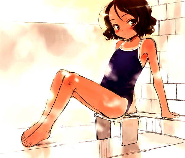 1girl, barefoot, feet, one-piece_swimsuit, one-piece_tan, sasahara_yuuki, solo, swimsuit