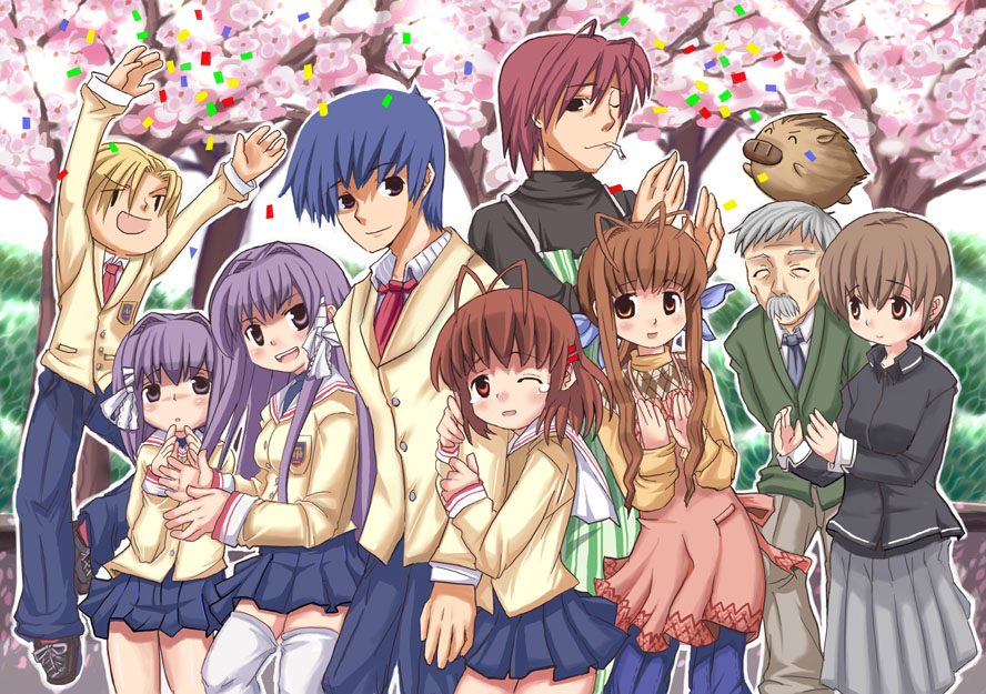 4boys, 5girls, antenna_hair, apron, blazer, blonde_hair, blue_hair, boar