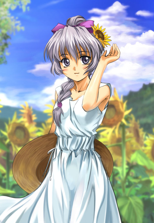 1girl, dress, flower, fujimi_shobo, full_metal_panic!, hat, mutsuki_(moonknives), purple_hair