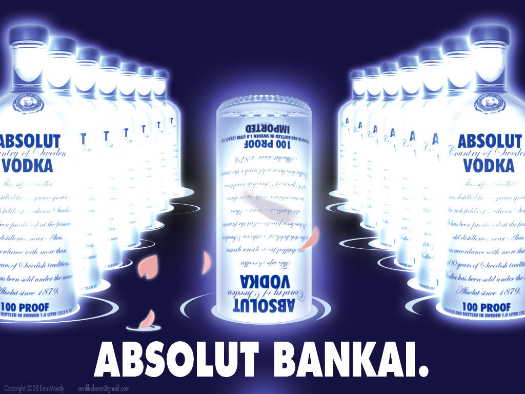 absolut_vodka, alcohol, bankai, bleach, bottle, cherry_blossoms, dark_background, no_humans, parody, petals, wallpaper