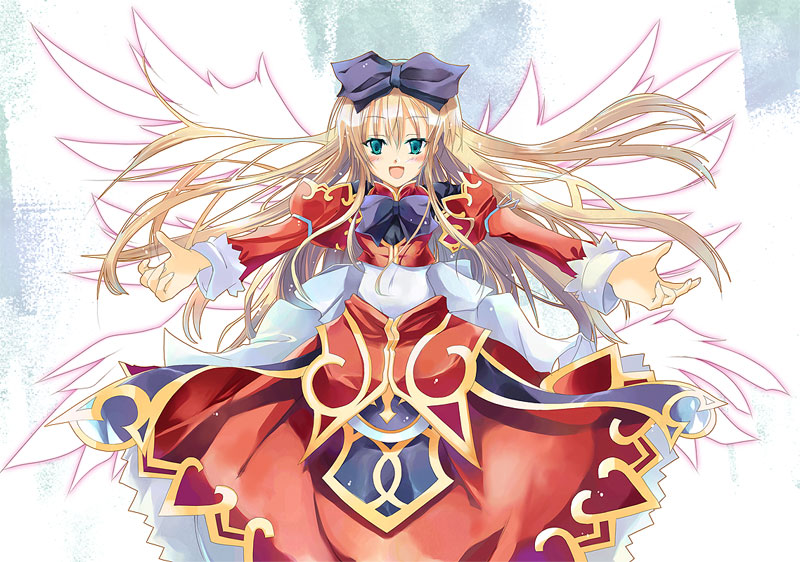1girl, angel_wings, aqua_eyes, aruma_(shinrabanshou), blonde_hair, bow, dress, hair_bow