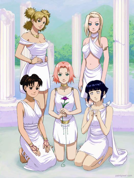 5girls, alternate_costume, amazon, bare_shoulders, blonde_hair, blue_eyes, blue_hair, breasts, brown_eyes, brown_hair, cleavage, dress, flower, greek, green_eyes, haruno_sakura, hyuuga_hinata, midriff, multiple_girls, naruto, paintpixel, peplos, pink_hair, quad_tails, small_breasts, stola, temari, tenten, toga, white_eyes, yamanaka_ino
