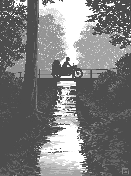 00s, 1girl, aliasing, box, bridge, canal, ground_vehicle, hat