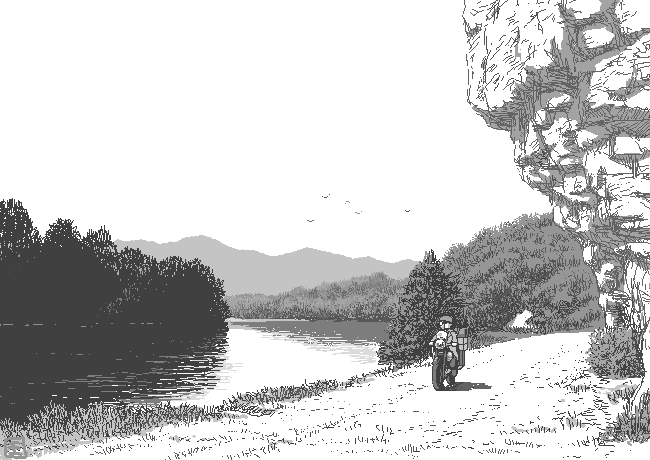 00s, 1girl, aliasing, bird, box, cliff, forest, ground_vehicle, hat, hermes, kino, kino_no_tabi, lake, monochrome, motor_vehicle, motorcycle, nature, outdoors, ouya_(maboroshimori), plant, river, road, scenery, solo, tree, vehicle, water