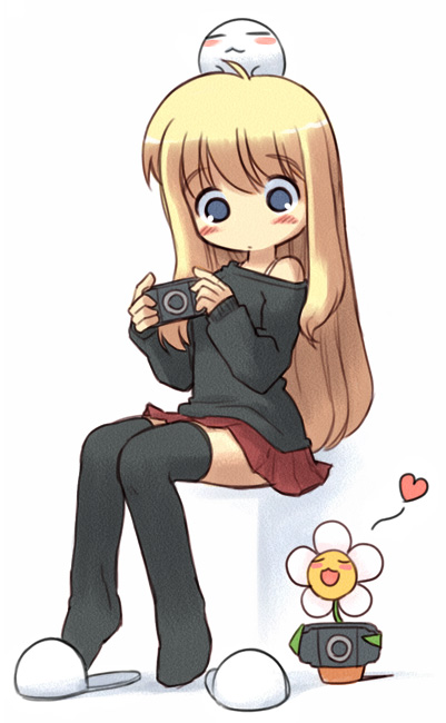 1girl, blonde_hair, flower, handheld_game_console, nakopapa, original, playstation_portable, single_shoe