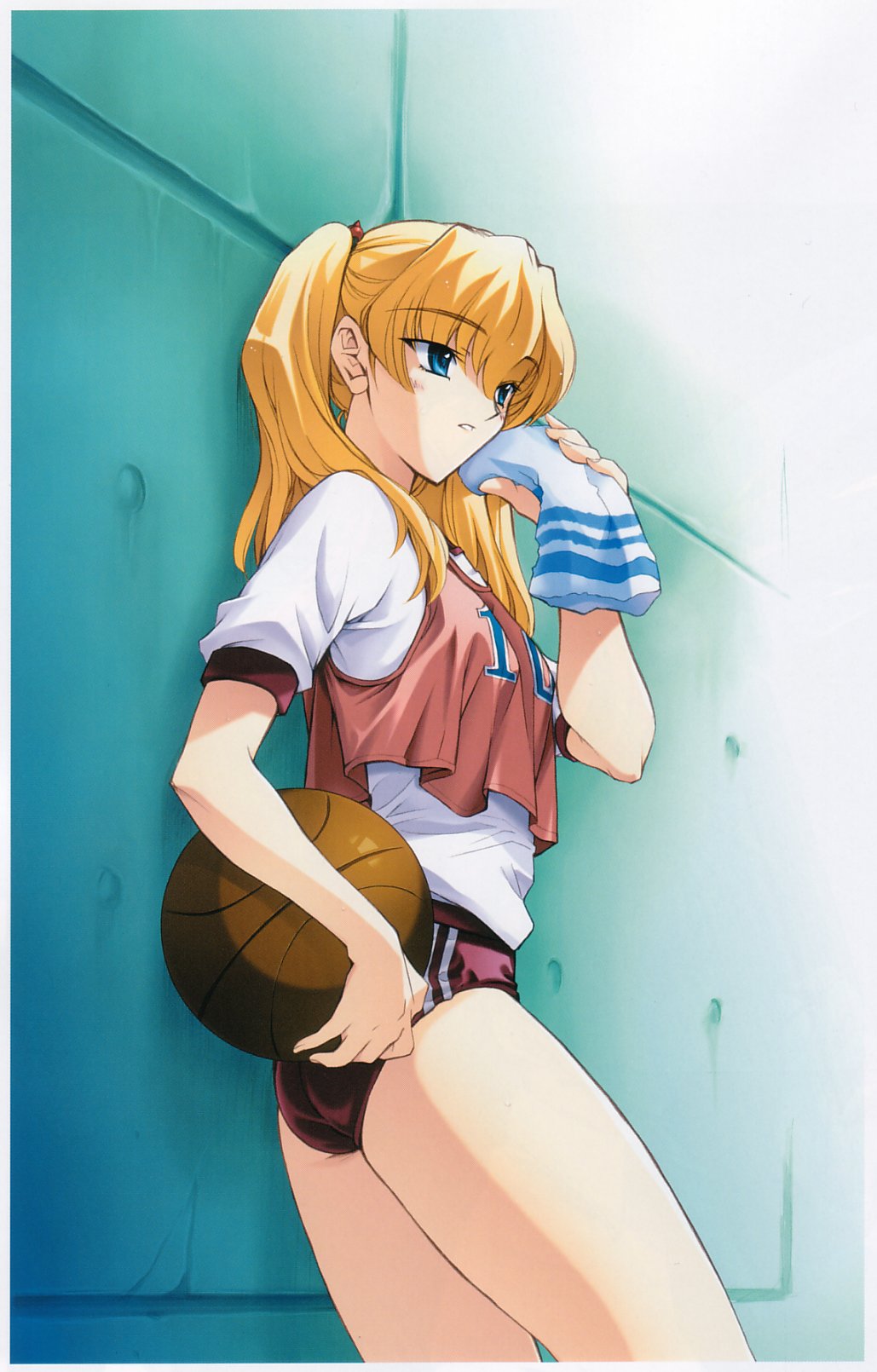 00s, 1girl, against_wall, ass, ball, bangs, basketball, basketball_uniform
