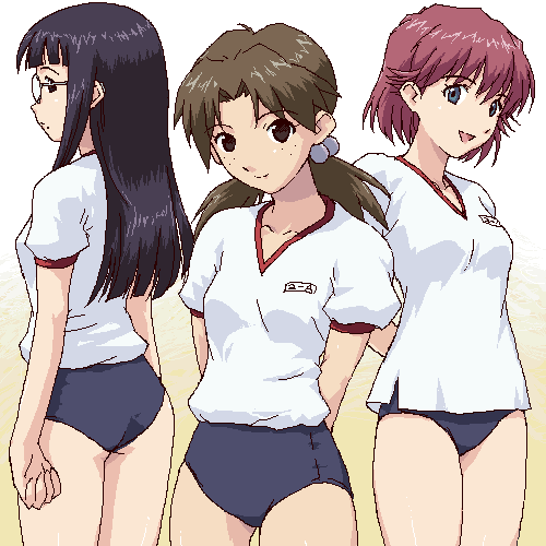 3girls, arms_behind_back, ass, bangs, black_eyes, black_hair, blue_eyes, blunt_bangs