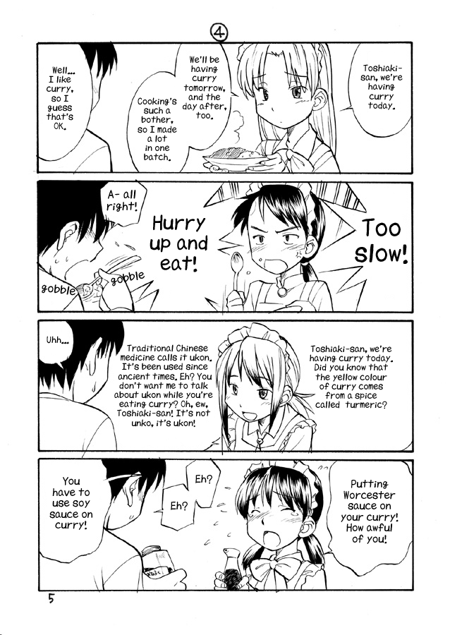 1boy, 4girls, apron, blush, closed_eyes, comic, curry, english