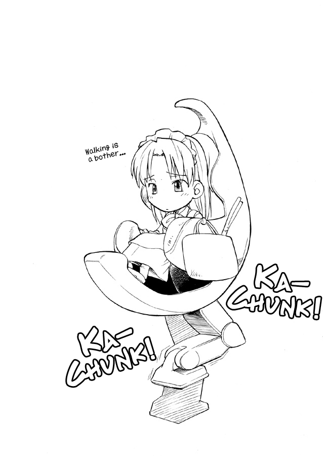 1girl, futaba_channel, hard_translated, hinemosu_notari, maid, mecha, medoi, monochrome