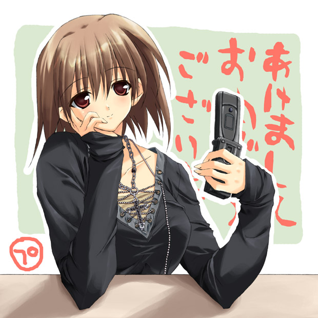 1girl, akeome, bad_anatomy, cellphone, new_year, original, phone, shinya_puu