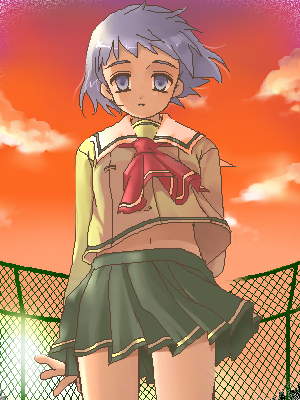 lowres, oekaki, rooftop, school_uniform, shizuku_(game), short_hair, sunset, tsukishima_ruriko