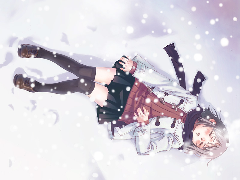closed_eyes, footwear, miniskirt, nyaou, original, sad, sad_girl_in_snow, scarf
