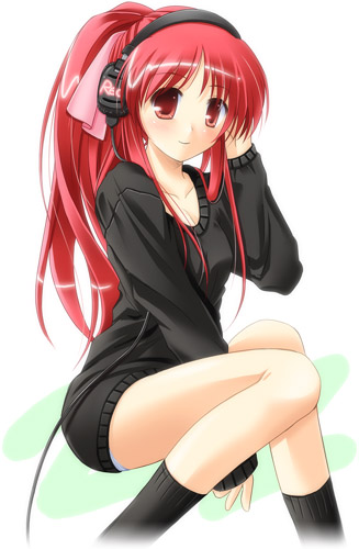 1girl, dress, hand_on_ear, hand_on_headphones, headphones, legs, long_hair, lowres
