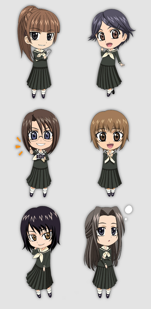 00s, 6+girls, camera, chibi, hair_ornament, hairclip, half_updo, highres