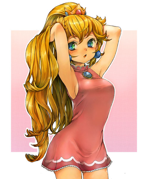 armpits, arms_up, blonde_hair, blue_eyes, blush, breasts, crown, dress, earrings, gradient, gradient_background, hand_in_hair, hands_in_hair, jewelry, kiro_(pixiv), large_breasts, long_hair, multicolored_eyes, nintendo, pink_background, pink_dress, princess_peach, sideboob, simple_background, solo, standing, super_mario_bros., taut_shirt, very_long_hair