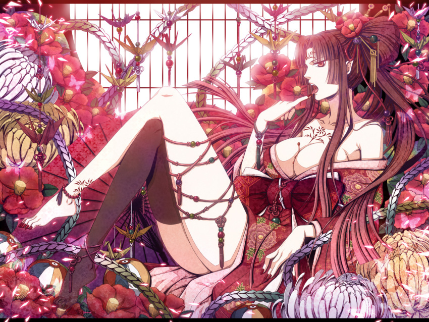 bad_id, barefoot, black_legwear, bow, bracelet, breasts, brown_hair, cleavage