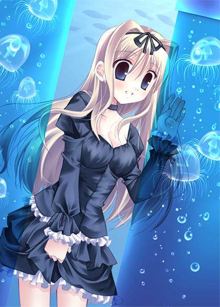 1girl, air_bubble, animal, aquarium, black_dress, blonde_hair, blue_eyes, breasts