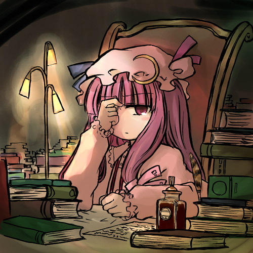 1girl, blush, book, book_stack, chair, crescent, desk, expressionless