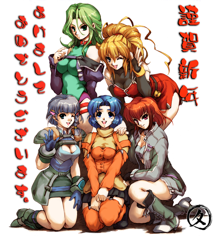 5girls, armor, banpresto, blonde_hair, blue_eyes, blue_hair, braid, breasts