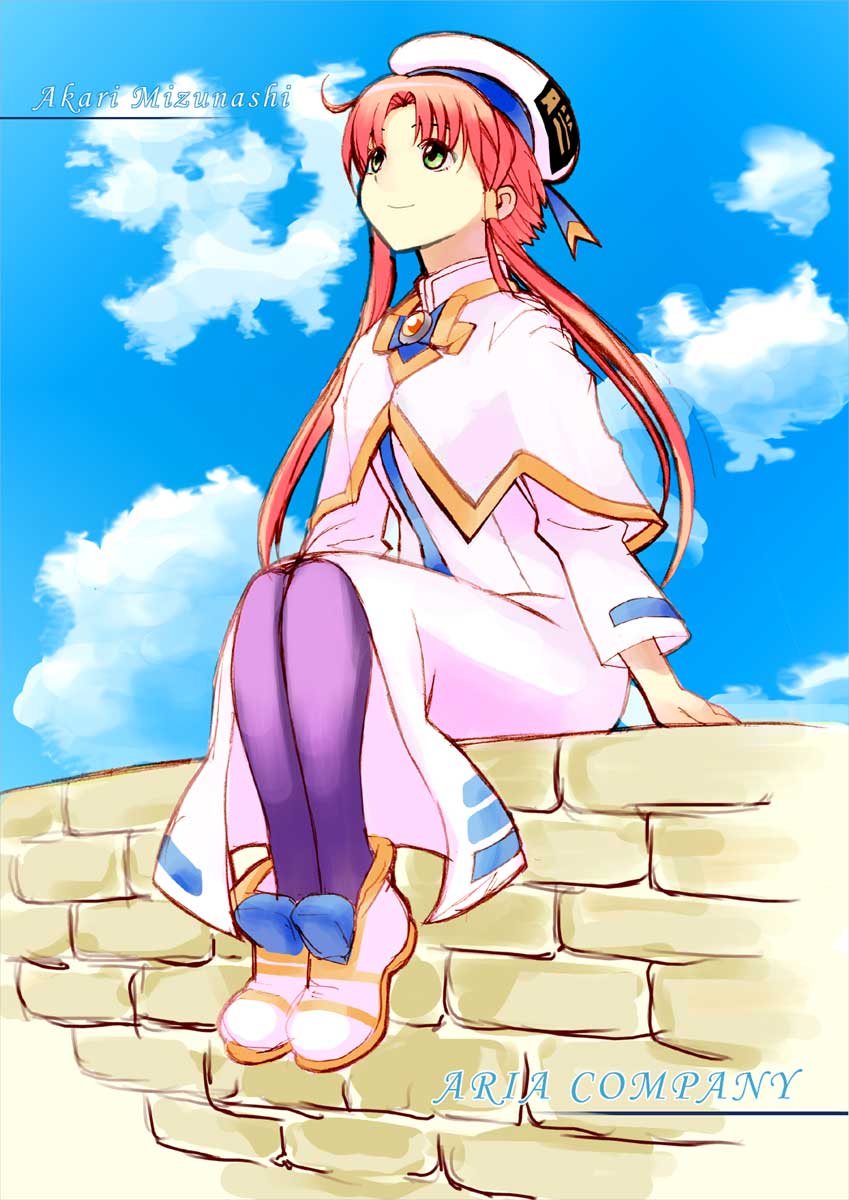 1girl, aria, arms_at_sides, arumi, bangs, blue_sky, brick_wall, capelet, character_name, clouds, dress, full_body, green_eyes, hat, highres, leggings, long_dress, long_hair, long_sleeves, looking_up, mizunashi_akari, pantyhose, pink_hair, purple_legwear, redhead, sailor_hat, shoes, short_hair_with_long_locks, sidelocks, sitting, sky, solo, text, uniform, wall, white_dress