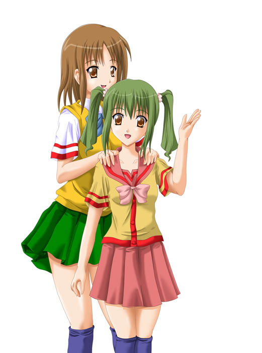 2girls, bow, brown_eyes, brown_hair, footwear, gokujou_seitokai, green_hair, katsura_minamo