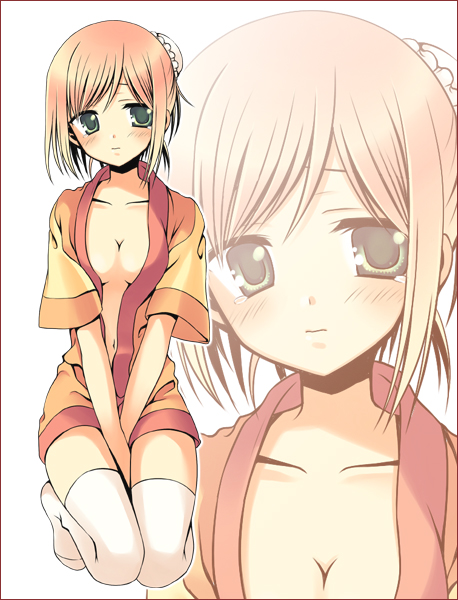 ayamisiro, blush, breasts, cleavage, estellise_sidos_heurassein, frown, green_eyes, hair_bun