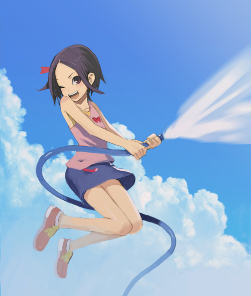 1girl, black_hair, clouds, gunpom, hose, jumping, kaminogi_haruka, no_socks