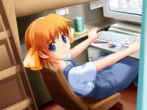1girl, ahoge, aizawa_kaho, aizawa_kaho_(my_sister), blue_eyes, computer, game_cg, hair_ribbon, hairband, lowres, my_sister_-sweet_gemini-, my_sister_~sweet_gemini~, orange_hair, overalls, ribbon, sano_toshihide, solo