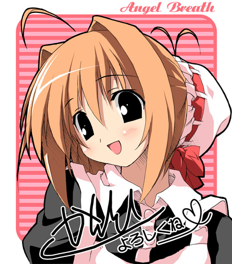 1girl, :d, ahoge, angel_breath, antenna_hair, apron, bangs, black_eyes, blush, bun_cover, buttons, copyright_name, gabriel_(angel_breath), hair_between_eyes, hair_intakes, head_tilt, heart, kantoku, looking_at_viewer, maid, maid_apron, official_art, open_mouth, orange_hair, redhead, ribbon, short_hair, sidelocks, sketch, smile, solo, striped, striped_background, upper_body