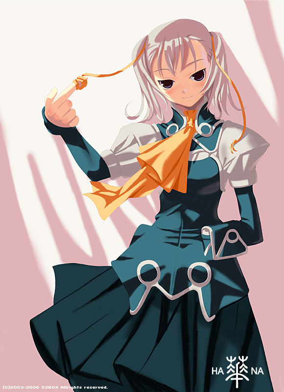 1girl, 53box, ascot, hair_ribbon, hand_in_pocket, looking_at_viewer, naughty_face, original