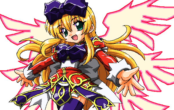 1girl, aruma_(shinrabanshou), blonde_hair, bow, dragon_(artist), green_eyes, hair_bow, long_hair