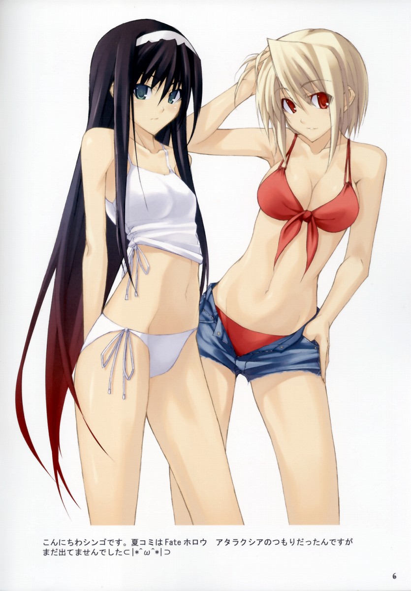 00s, 2girls, arcueid_brunestud, arms_behind_back, bikini, black_hair, blonde_hair, breasts
