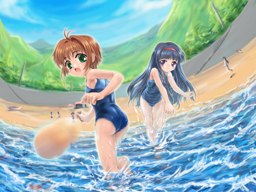 ass, beach, black_hair, brown_hair, card_captor_sakura, cardcaptor_sakura, daidouji_tomoyo, fisheye