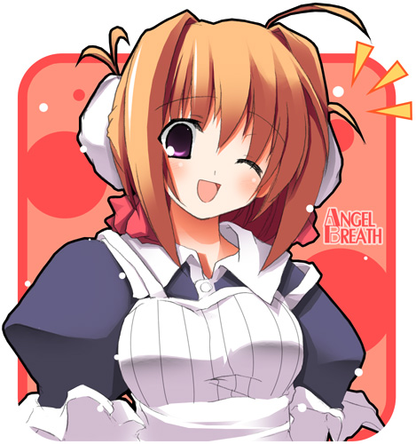 1girl, ;d, ahoge, angel_breath, antenna_hair, apron, bangs, blush