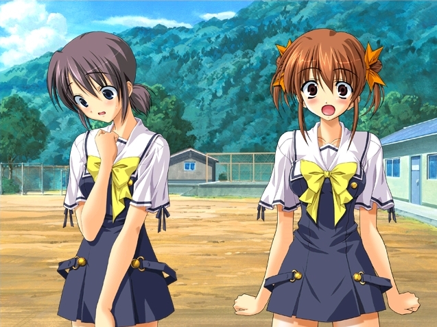 2girls, :o, blush, bow, brown_hair, embarrassed, fumio_(ura_fmo), game_cg