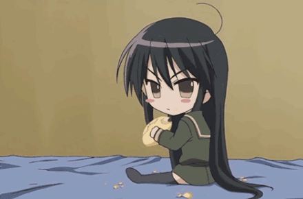 angry, animated, animated_gif, black_hair, blinking, bread, chibi, food