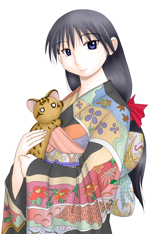1girl, azumanga_daioh, black_hair, cat, empty_eyes, floral_print, japanese_clothes, long_sleeves, maya_(azumanga), mayaa, o_o, sakaki, simple_background, smile, solo, violet_eyes, white_background, yamamaya