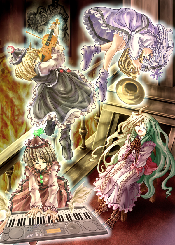 4girls, ahoge, amamizu_(myofuu_kai), black_hat, black_shirt, black_shoes, black_skirt, blonde_hair