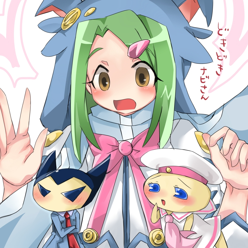 398nitori, bad_id, blush, brown_eyes, green_hair, hair_ornament, ribbon, scarf