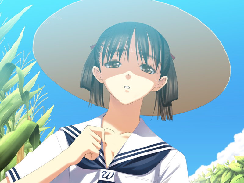 1girl, bow, brown_eyes, brown_hair, collarbone, dress, from_below, game_cg