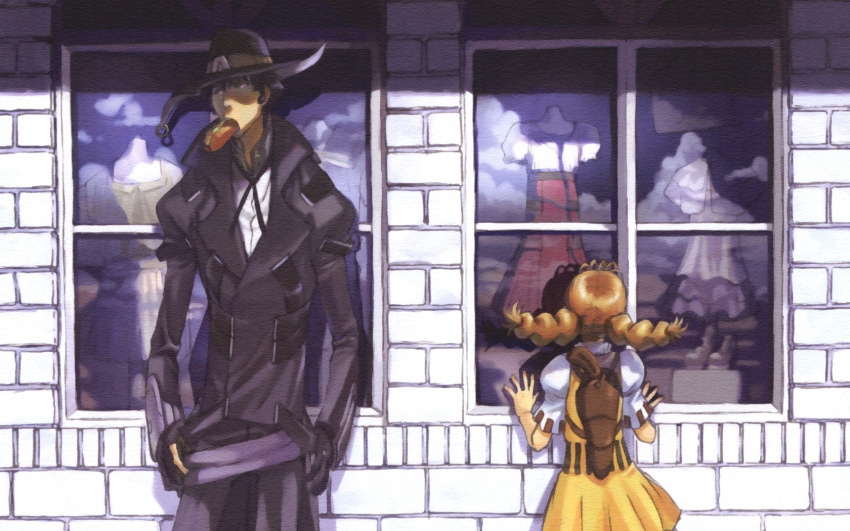 1boy, 1girl, black_hair, braid, brown_hair, child, coat, cowboy